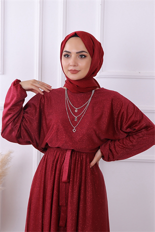 Simli Elbise Bordo