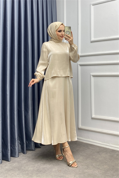 Simli Saten Kumaş İkili Takım Bej