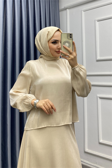Simli Saten Kumaş İkili Takım Bej
