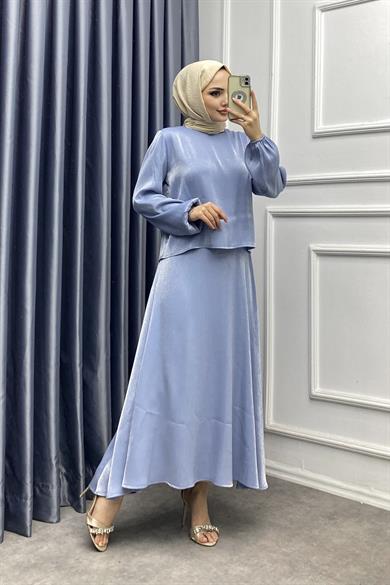 Simli Saten Kumaş İkili Takım Buz Mavisi