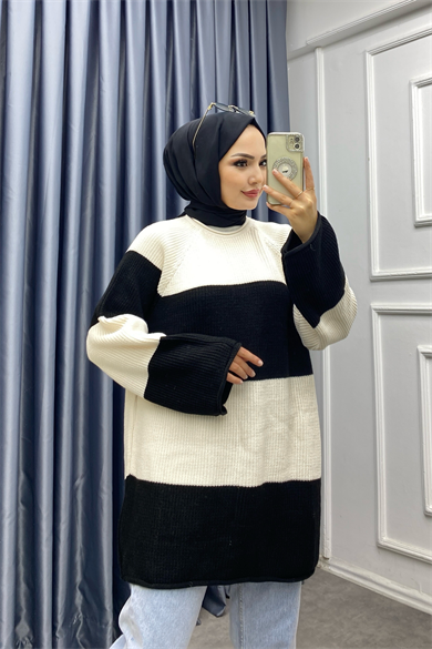 Siyah Bej Çizgili Triko Tunik