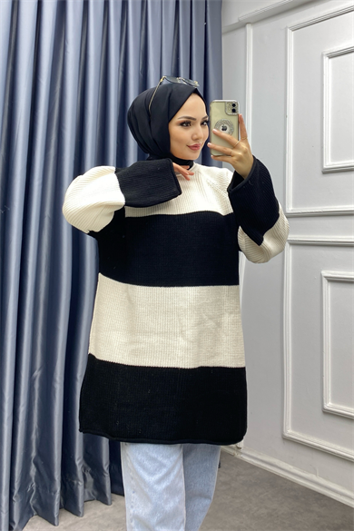 Siyah Bej Çizgili Triko Tunik