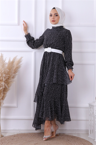 Siyah Puantiyeli Geometrik Model Elbise