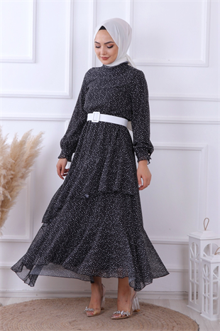 Siyah Puantiyeli Geometrik Model Elbise