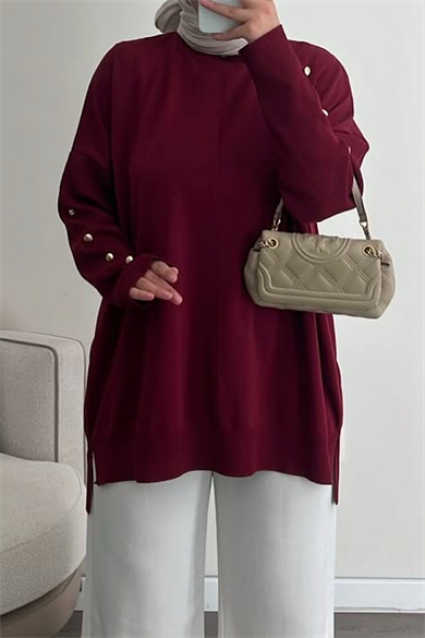 Soğuk İplik Kolu Düğme Detay Triko Tunik Bordo