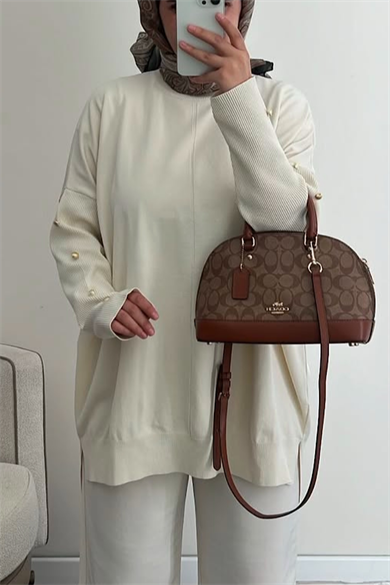 Soğuk İplik Kolu Düğme Detay Triko Tunik Krem