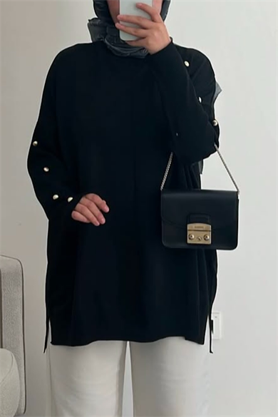 Soğuk İplik Kolu Düğme Detay Triko Tunik Siyah