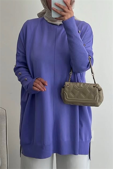 Soğuk İplik Kolu Düğme Detay Triko Tunik Lila
