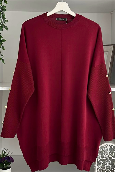 Soğuk İplik Kolu Düğme Detay Triko Tunik Bordo