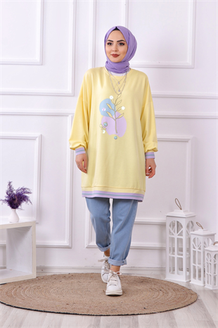 Soyut Baskı Detaylı Sweat Sarı
