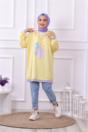 Soyut Baskı Detaylı Sweat Sarı