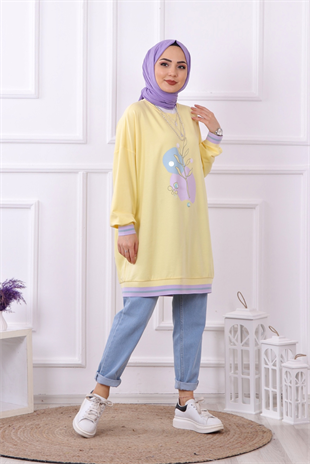 Soyut Baskı Detaylı Sweat Sarı