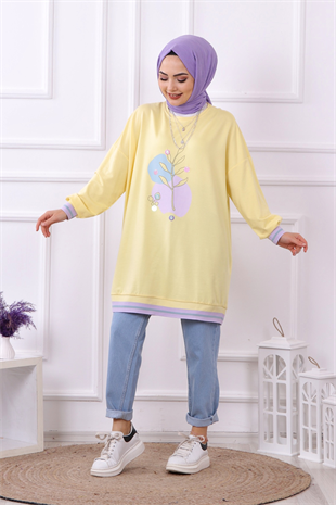 Soyut Baskı Detaylı Sweat Sarı