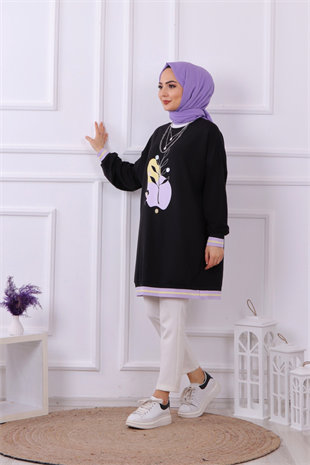 Soyut Baskı Detaylı Sweat Siyah
