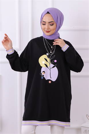 Soyut Baskı Detaylı Sweat Siyah