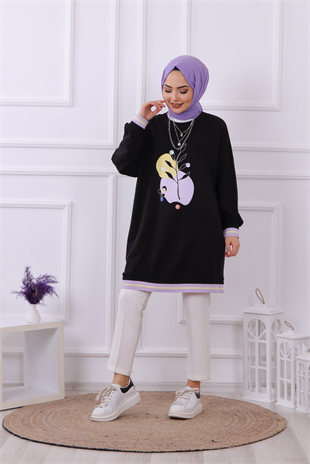 Soyut Baskı Detaylı Sweat Siyah