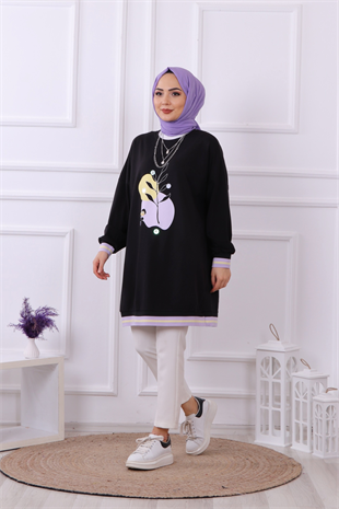 Soyut Baskı Detaylı Sweat Siyah