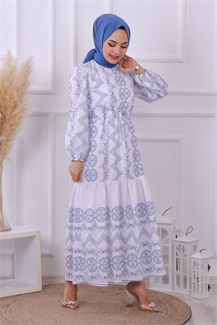 Su Yolu Desenli Elbise Mavi