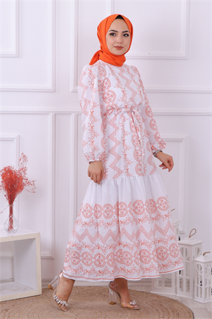 Su Yolu Desenli Elbise Turuncu