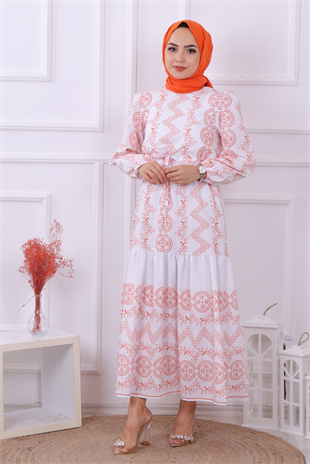 Su Yolu Desenli Elbise Turuncu