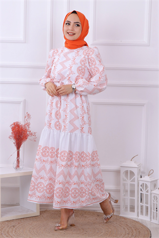 Su Yolu Desenli Elbise Turuncu