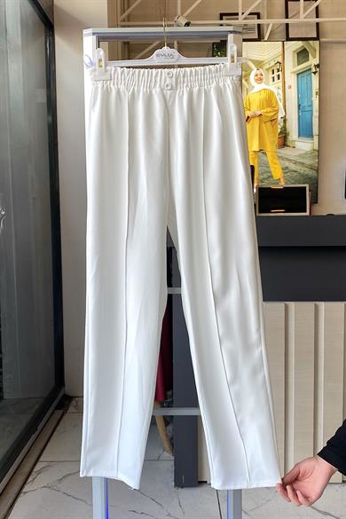 Süs Düğme Pat Detaylı Pantolon Beyaz