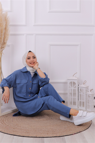 Tahta Düğmeli 2 Cepli Takım İndigo