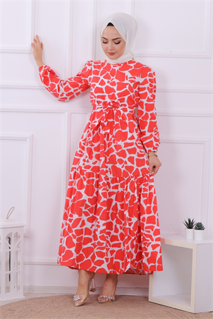 Taş Desen Elbise Kırmızı