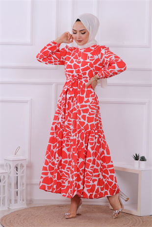 Taş Desen Elbise Kırmızı