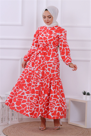 Taş Desen Elbise Kırmızı