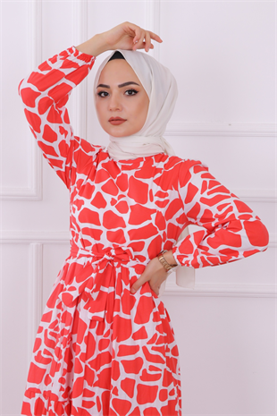 Taş Desen Elbise Kırmızı