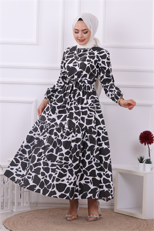 Taş Desen Elbise Siyah