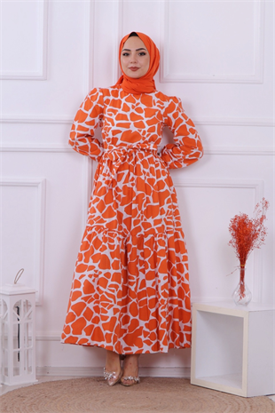 Taş Desen Elbise Turuncu