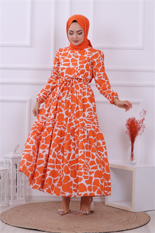 Taş Desen Elbise Turuncu