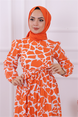 Taş Desen Elbise Turuncu