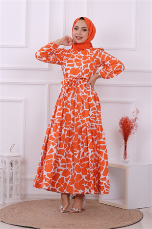 Taş Desen Elbise Turuncu