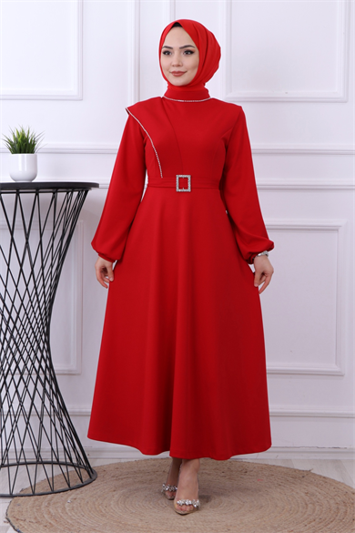 Taş Detay Elbise Kırmızı