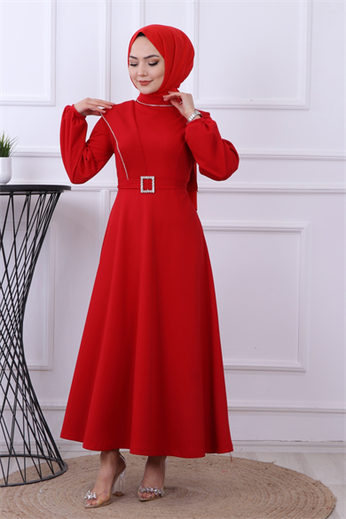 Taş Detay Elbise Kırmızı