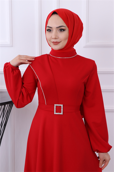 Taş Detay Elbise Kırmızı