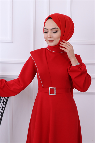 Taş Detay Elbise Kırmızı