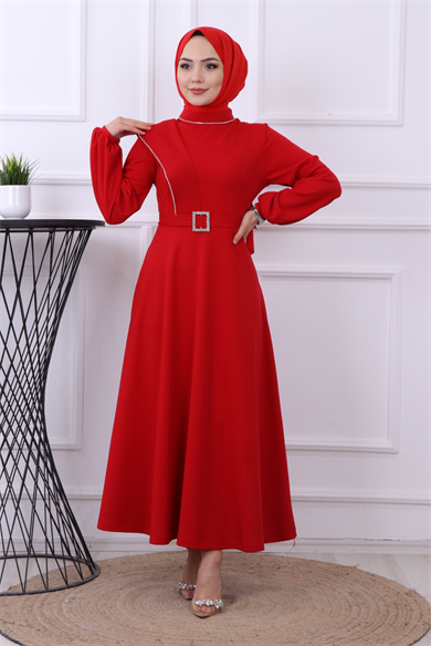 Taş Detay Elbise Kırmızı