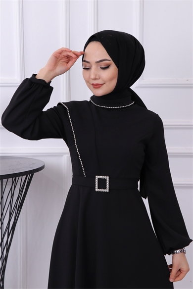 Taş Detay Elbise Siyah