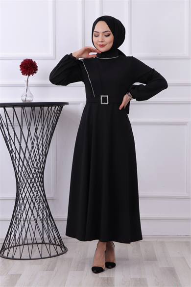 Taş Detay Elbise Siyah