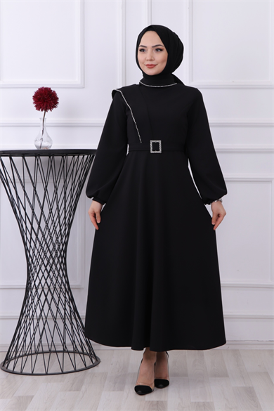 Taş Detay Elbise Siyah