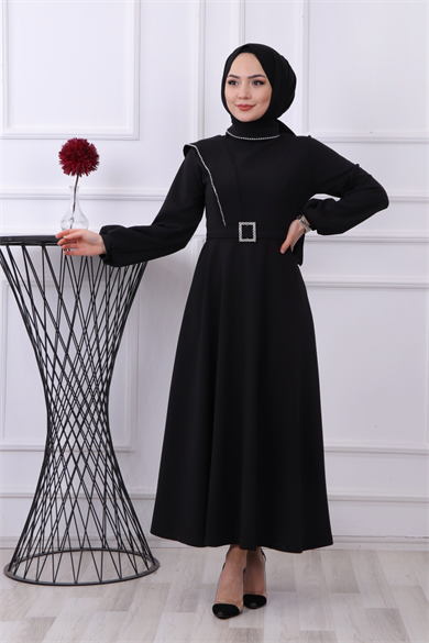 Taş Detay Elbise Siyah