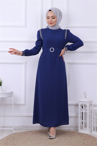 Taş Detaylı Elbise Lacivert