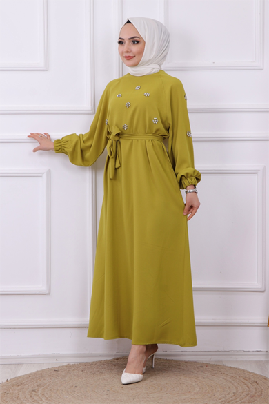 Taş Detaylı Elbise Yağ Yeşili