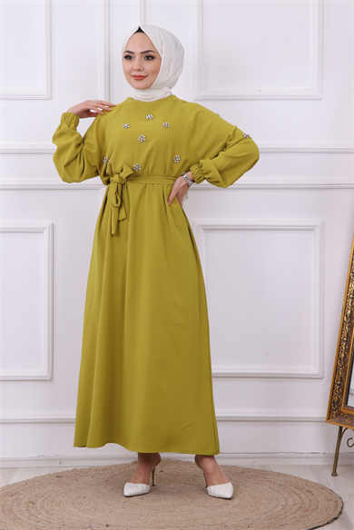 Taş Detaylı Elbise Yağ Yeşili