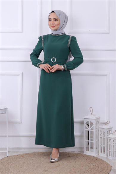 Taş Detaylı Elbise Yeşil