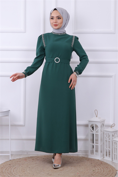 Taş Detaylı Elbise Yeşil